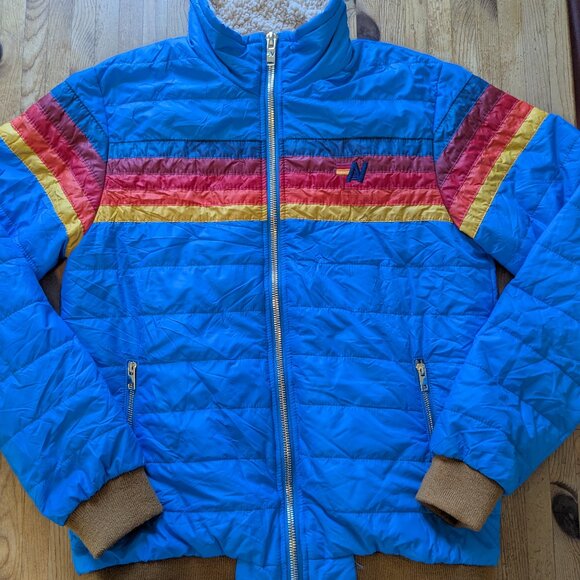 Aviator Nation 5 Stripe Jacket Cina Blue Wmns Med Full Zip Rainbow Sherpa Retro - Picture 1 of 12